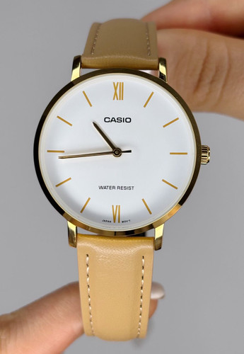 ساعت مچی زنانه کاسیو اورجینال/طراحی مینیمال با بند چرمی و صفحه سفید